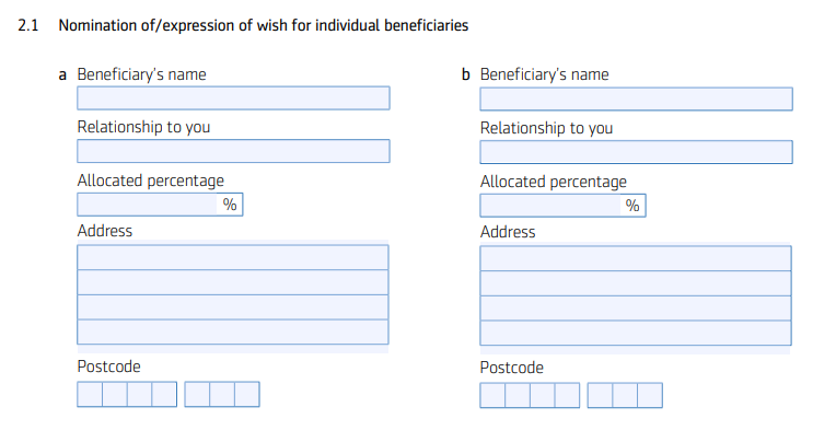 Image shows section 2.1 of Aegon's expression of wish form. The section is titled: "Nomination of/expression of wish for individual beneficiaries". It has fill-in boxes for beneficiary's name, their relationship to you, allocated percentage and postcode.