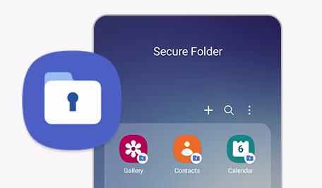 A phone screen displaying a 'Secure Folder' containing Gallery, Contacts and Calendar apps.