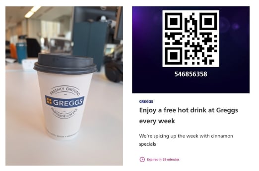 Greggs cup next to QR code