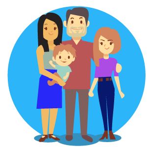 An illustration of a smiling family with a mum, dad, daughter and baby boy