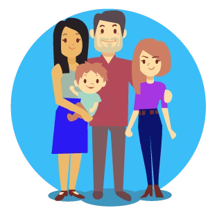 An illustration of a smiling family with a mum, dad, daughter and baby boy