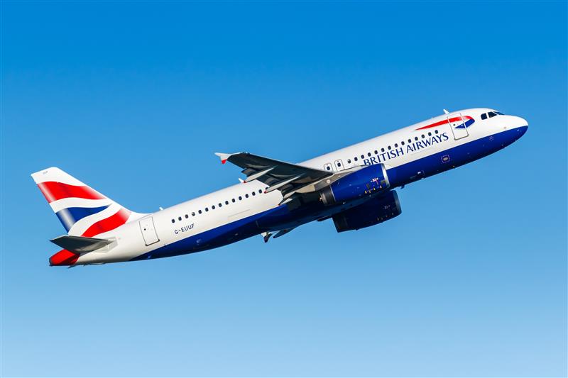 A British Airways plane in the air.