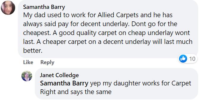 Samthantha's Facebook comment says that her dad worked for Allied Carpets, and says it's always better to go for a good quality underlay