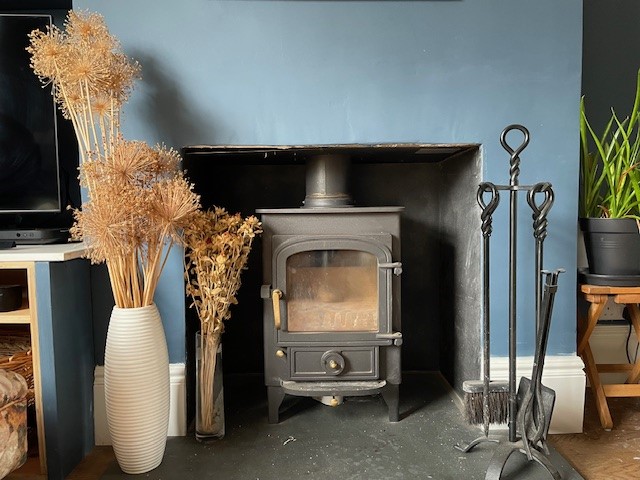 Photo shows dried aliums in a tall vase by an unlit fireplace against a dark blue wall