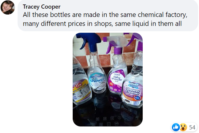 Tracey's facebook comment says that different products are identical besides the labelling