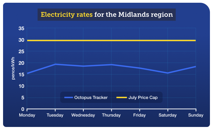 Graph giving a visual representation of the energy costs contained in the preceding table, showing electricity rates for the Midlands region over 29 May to 4 June.