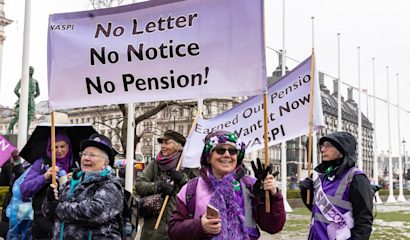 WASPI women marching with a sign that says: 'No letter, no notice, no pension'.