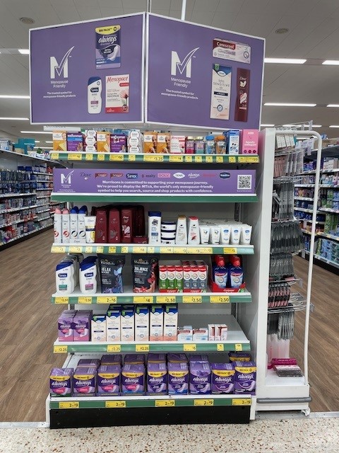 A menopause 'M-aisle' taken in Banbury, Oxfordshire. This is a collection of products aimed at menopausal women such as shower gels and sanitary pads