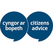 Cyngor Ar Bopeth and Citizens Advice logos – blue speech bubbles with white wording.