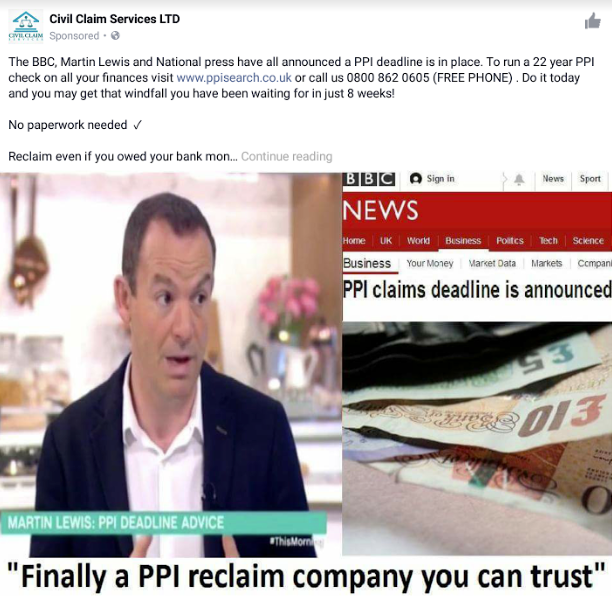 Fake ad from a PPI reclaim company showing endorsement by Martin Lewis