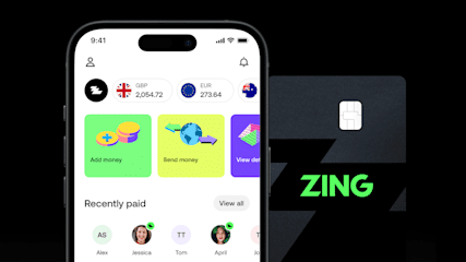 Smartphone showing the Zing app next to a sleek black Zing physical card