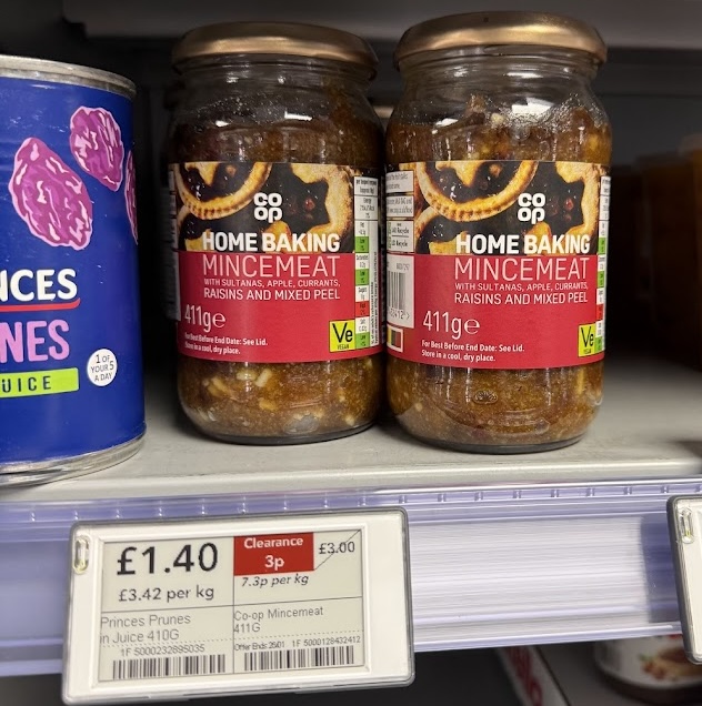 Jars of mincemeat on supermarket shelf