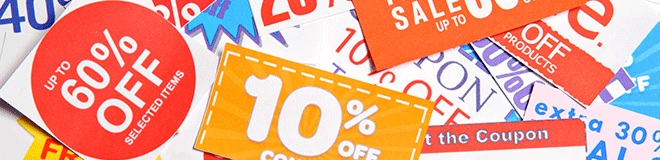 Banner showing coupons offering 'up to 60% off selected items', '10% off' and more