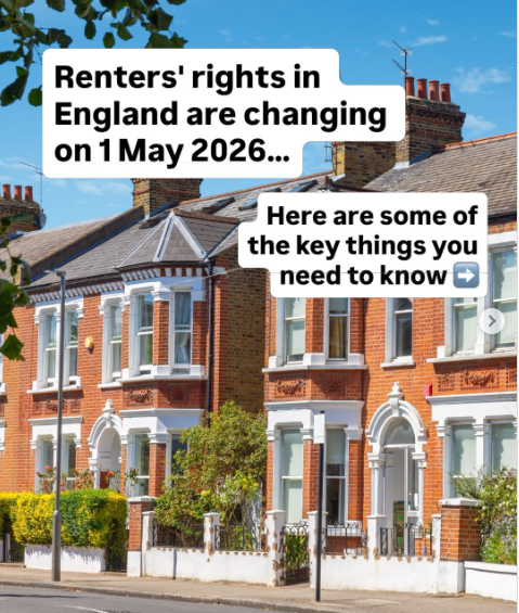 A row of red‑brick terraced houses on a residential street under a blue sky. Overlaid text reads: "Renters' rights in England are changing on 1 May 2026…" and "Here are some of the key things you need to know".