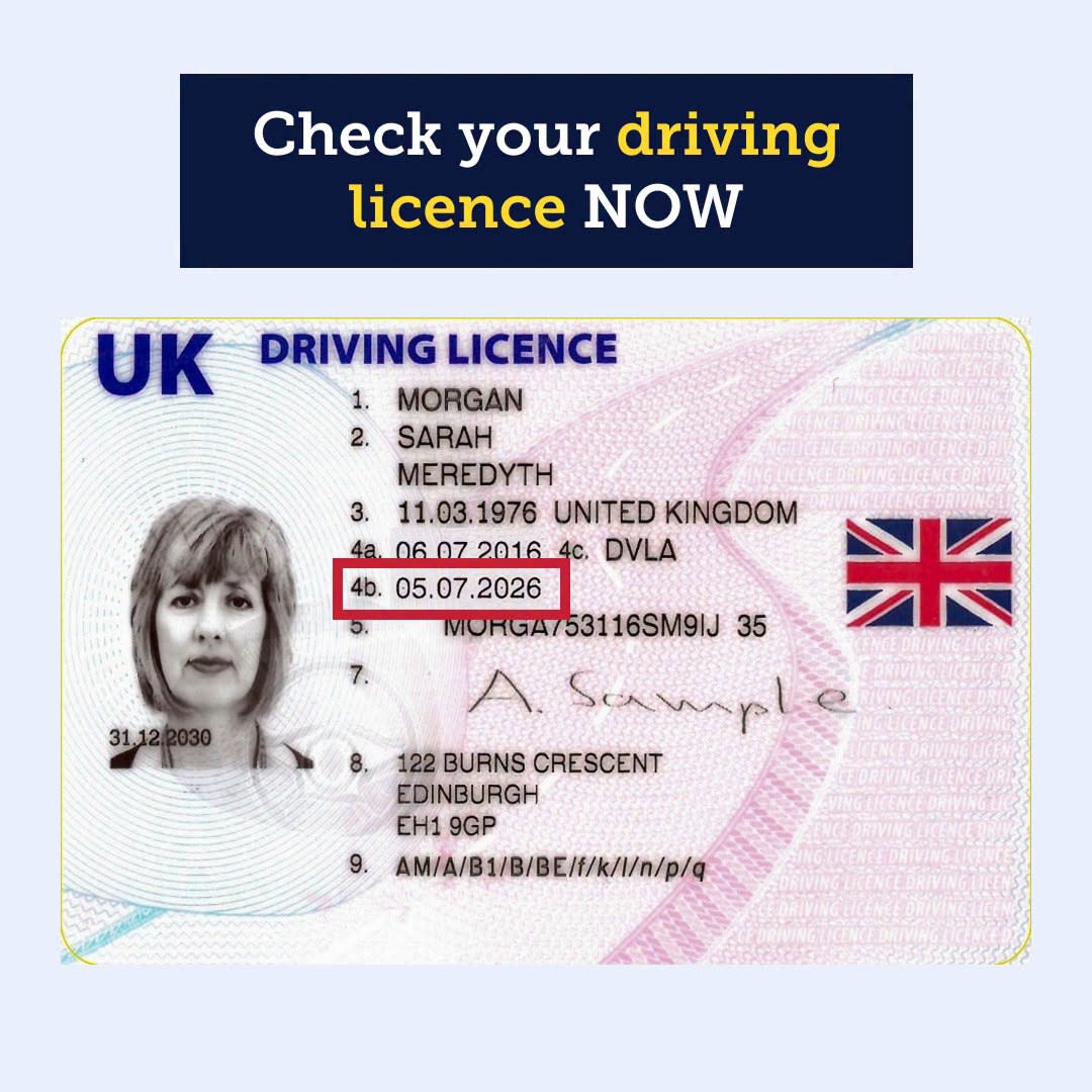 A graphic with the title "Check your driving licence NOW" above a sample UK driving licence. A red box highlights its expiry date (05.07.2026), encouraging drivers to check when their licence expires.