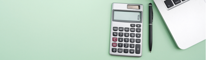 calculator, pen, laptop