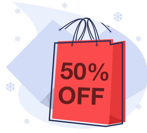 An illustrated paper-style shopping bag with the words "50% off" written on it.