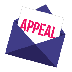Illustrated letter with the word "appeal" written on it in red capital letters, rising from a purple envelope.