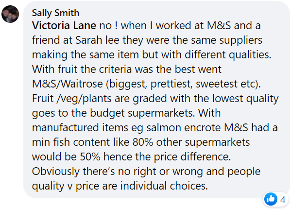 Sally's Facebook message says that, while different supermarkets use the same suppliers for fresh produce, the quality can differ from shop to shop.