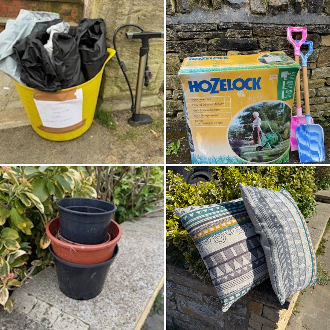 four images of items being given away for free outside houses including a garden hose cart, cushions, pots and covers for garden furniture