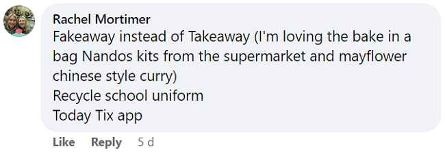 Rachel's Facebook comment describes the Nando's bake-in-a-bag kit as a great 'fakeaway'.