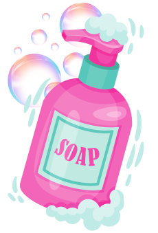 A graphic of a pink bottle of soap surrounded with bubbles