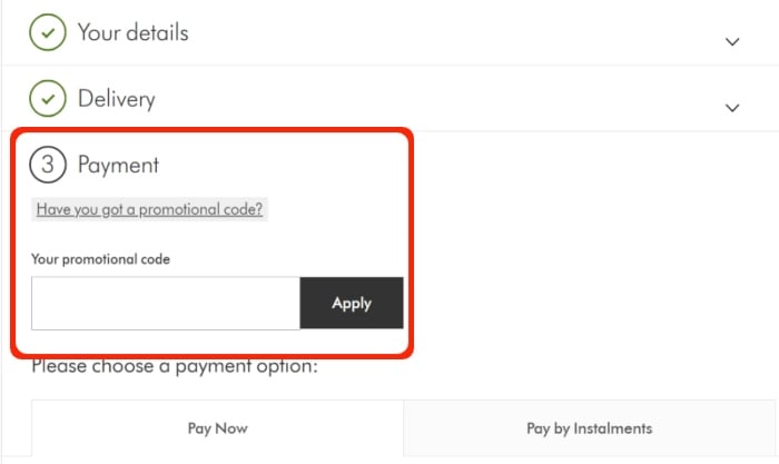 Dyson checkout payment page showing step 3, 'Payment'. A highlighted section contains a 'Have you got a promotional code?' link, a promotional code entry field, and an 'Apply' button.