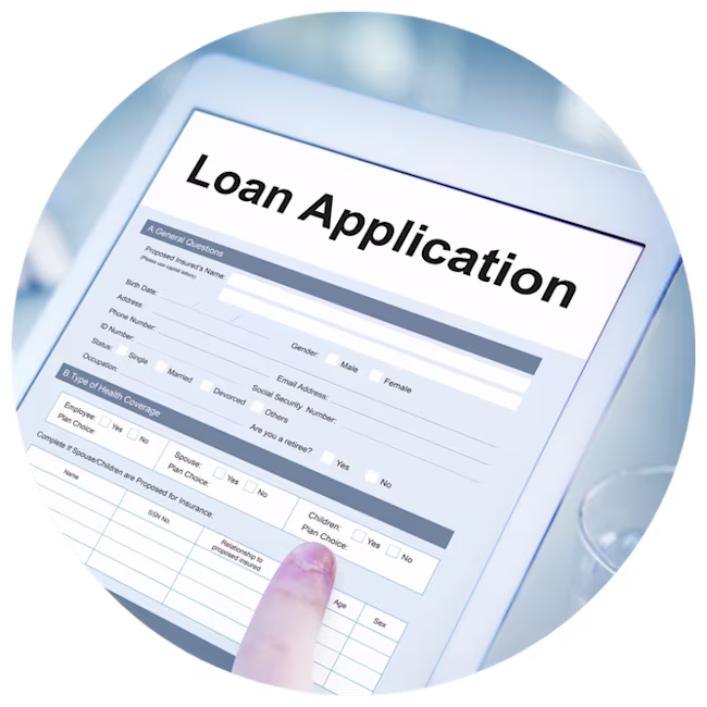 Computer screen, reading "loan application".