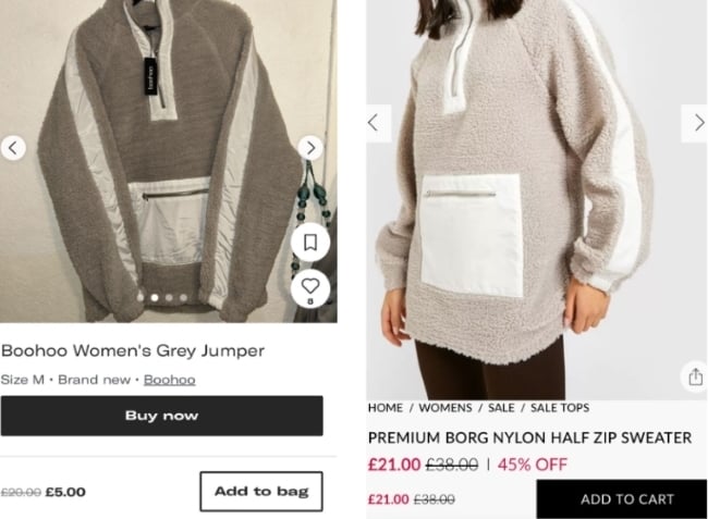 A side by side image of the same jumper sold on Depop and Boohoo. The brand new jumper costs £5 on Vinted, but £21 on Boohoo.