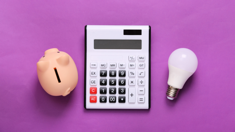 Image shows a piggybank, a calculator and a light bulb