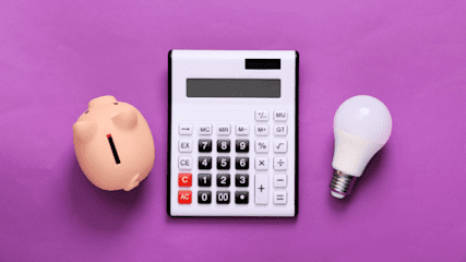 Image shows a piggybank, a calculator and a light bulb