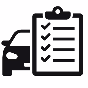 Vector image in black and white of a car next to a clipboard with a checklist on it