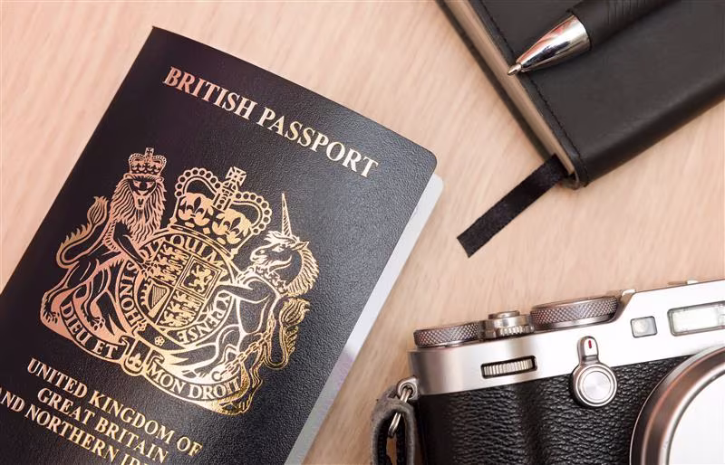 A British passport, a film camera and a notebook on a desk.