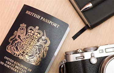 A British passport, a film camera and a notebook on a desk.