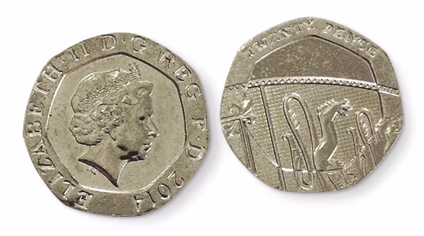 Two 20p coins, the first showing heads, the second tails.