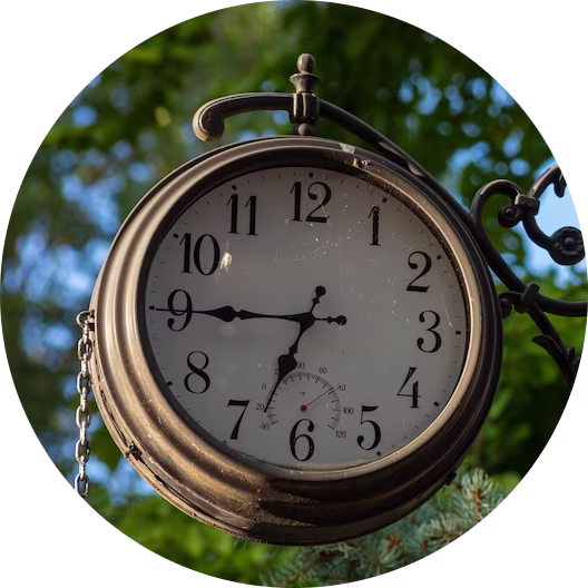 A vintage clock, outdoors, with a background of trees. The time shown is 6.45.