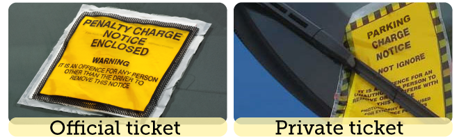 An official ticket on the left, called a "Penalty Charge Notice", with a private ticket on the right, called a "Parking Charge Notice". Both look similar, with black text in capital letters on a yellow background.
