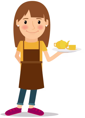 A cartoon brunette Caucasian woman, smiling, holds a tray with a teapot and mug on it.