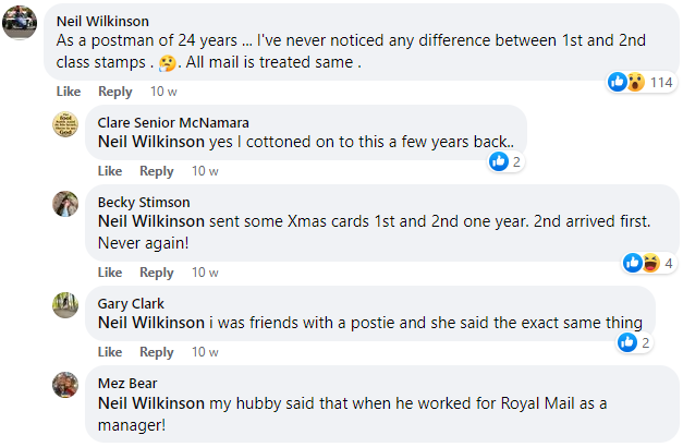 ex-Postie Neil and many others on Facebook agree that there's no difference between first and second class stamps