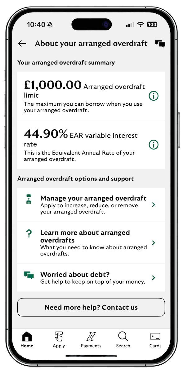 Screenshot of Lloyds Bank iOS app showing a £1,000 arranged overdraft with a 44.9% interest rate