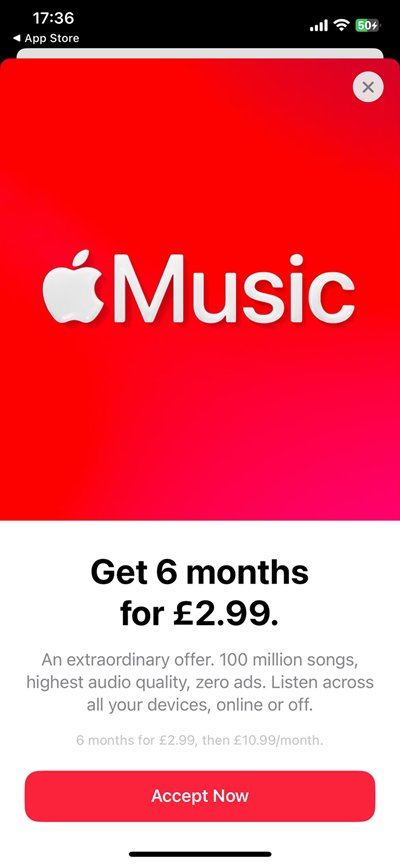 Screenshot showing the 6 months for £2.99 offer in the Apple Music app