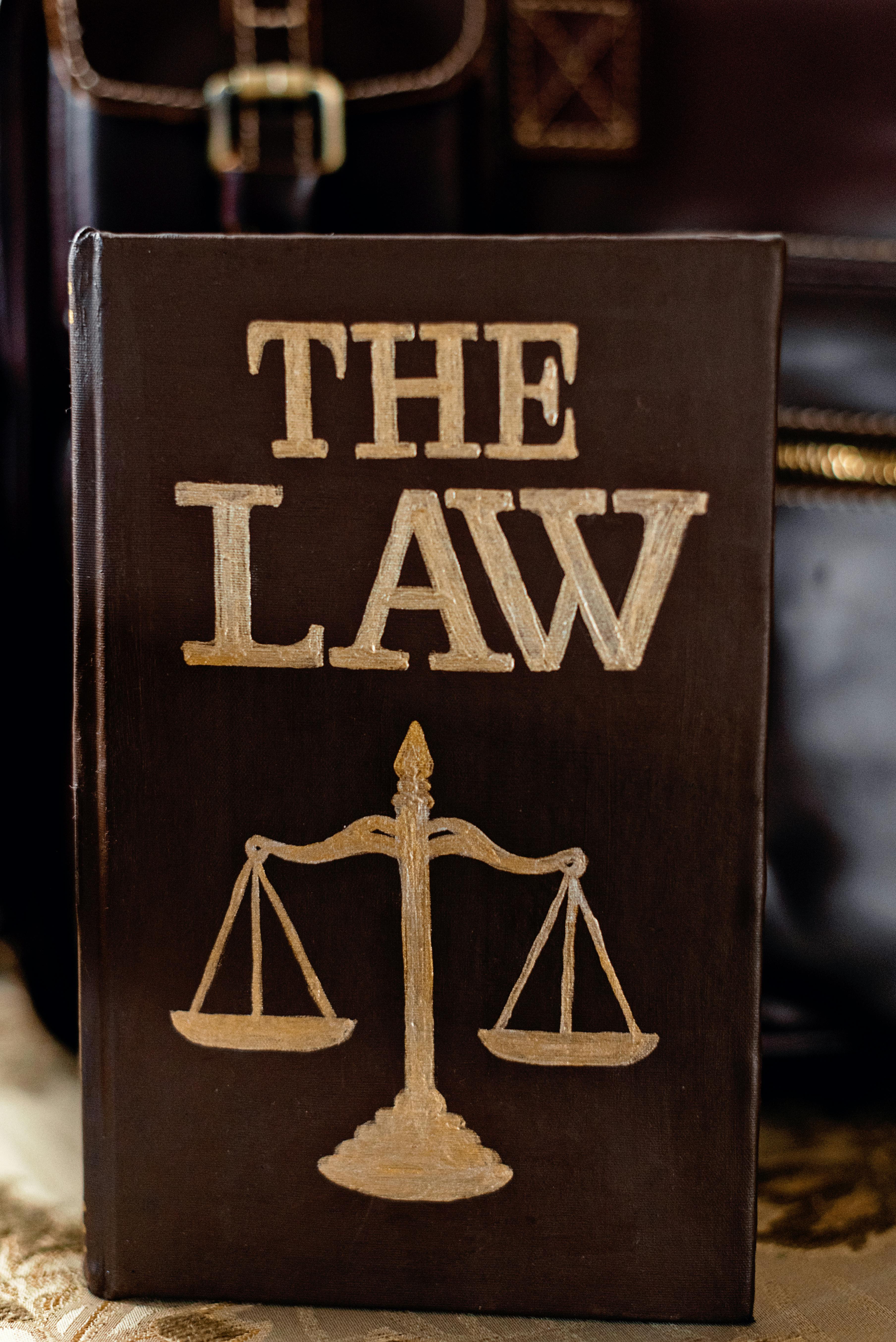 A hardback book with a brown cover which features the words "the law" in gold capital letters, above an image representing the scales of justice.