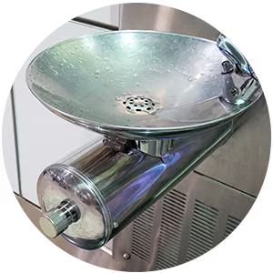 A bowl-shaped metal water fountain.