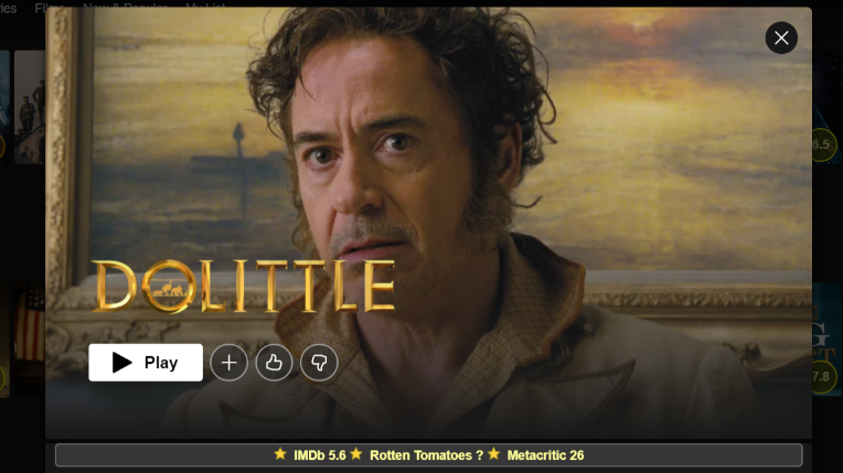 Review ratings of Dolittle on Netflix: 5.6 on IMDb and 26 on Metacritic