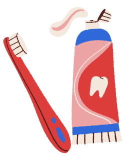 A graphic of a red toothbrush and a blue and red tube of toothpaste