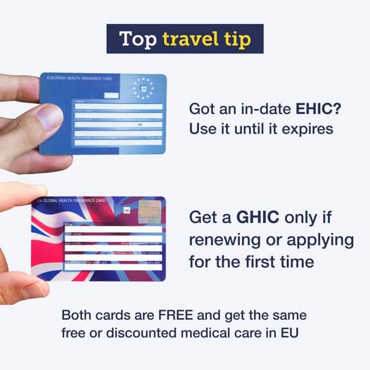 A graphic with text reading: "Got an in-date EHIC? Use it until it expires." Lower, it says: "Get a GHIC only if renewing or applying for the first time." Then it says: "Both cards are FREE and get the same free or discounted medical care in the EU."
