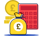 A graphic of overlapping items including a yellow bag of cash, a pound coin and a red calculator.