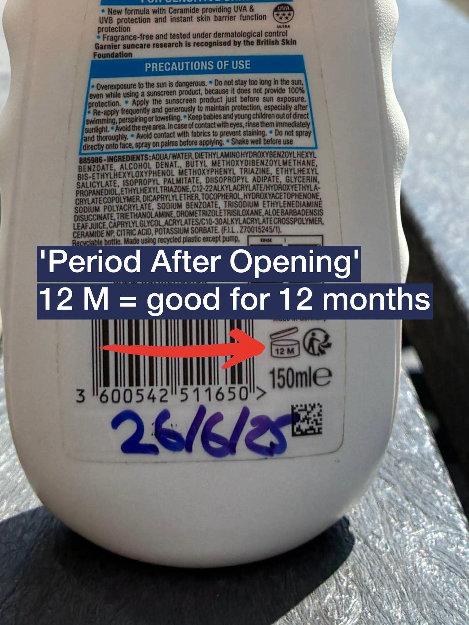 Back of sunscreen bottle with text overlay: “'Period After Opening' 12 M = good for 12 months”. Red arrow points to 12M symbol near barcode. Blue handwritten date “25/8/25” at bottom.