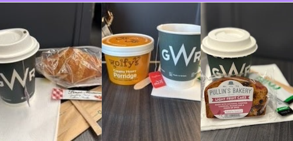 Picture shows three photographs of food on board a Great Western Railway first class service. Food includes fruit cake, a croissant and porridge all alongside GWR branded disposable cups (which are filled with tea)