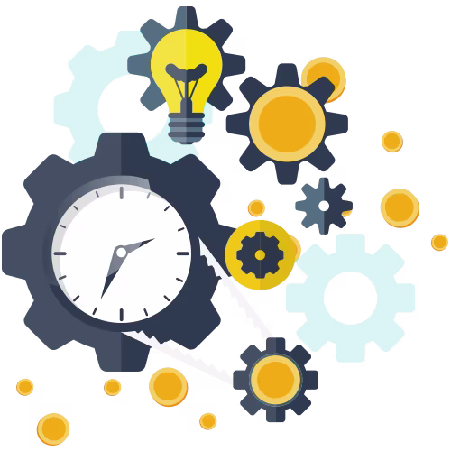 An illustration of a clock, a light bulb and cogs